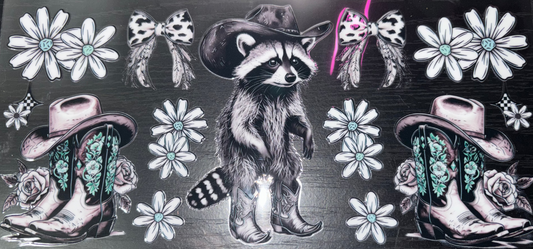 Sheet with raccoons, flowers, and decorative elements on a black background.